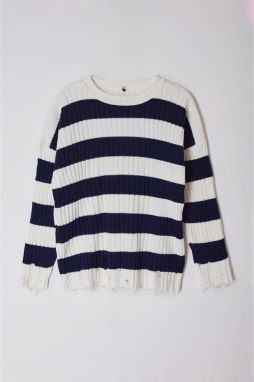 Trendyol Curve Ecru Navy Blue Striped Destroy Detailed Knitwear Sweater