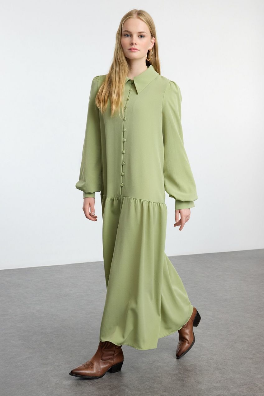 Trendyol Khaki Skirt Ruffled Covered Button Detailed Woven Dress