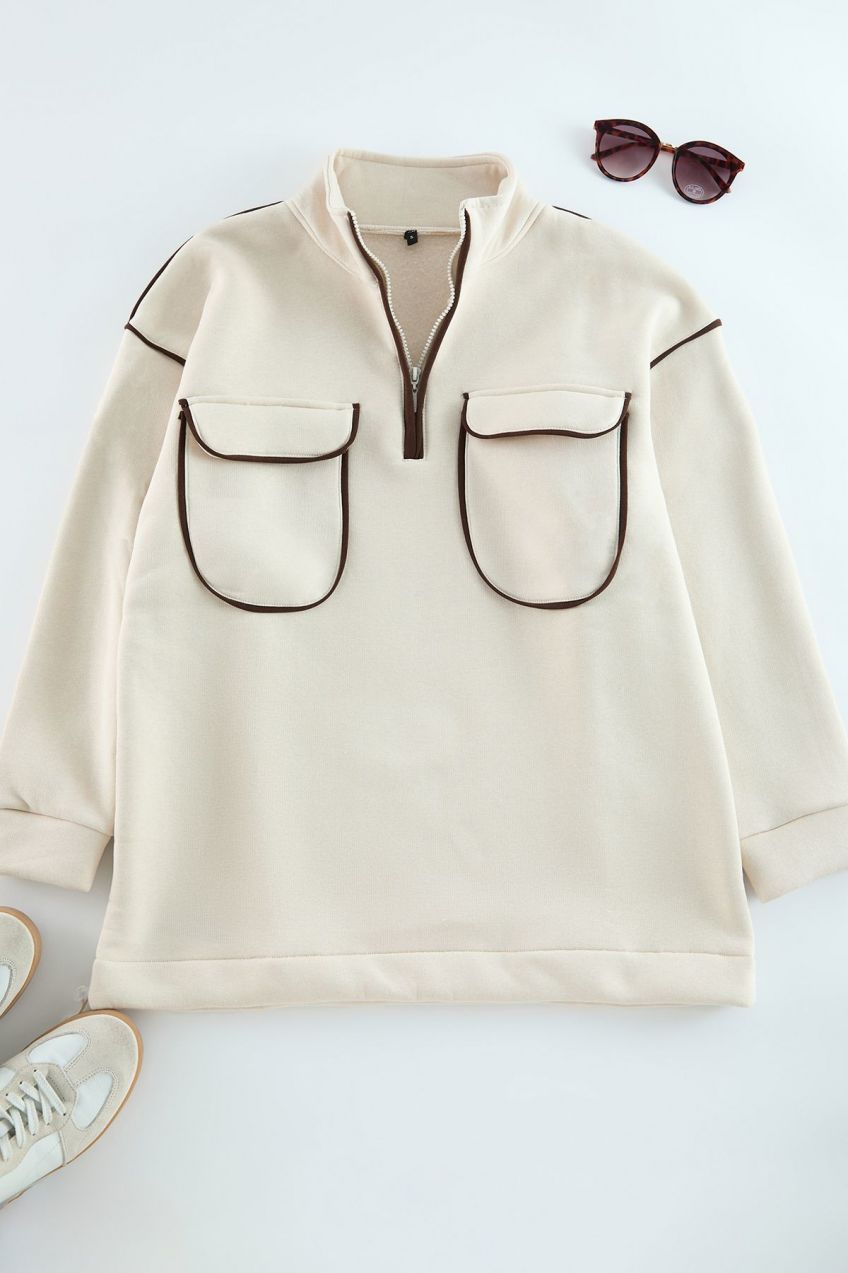 Trendyol Beige Zipper and Pocket Detailed Sweatshirt