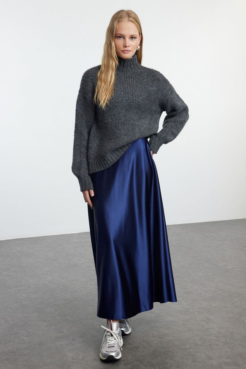 Trendyol Navy Blue A Line/Flare Cut Satin Midi Skirt