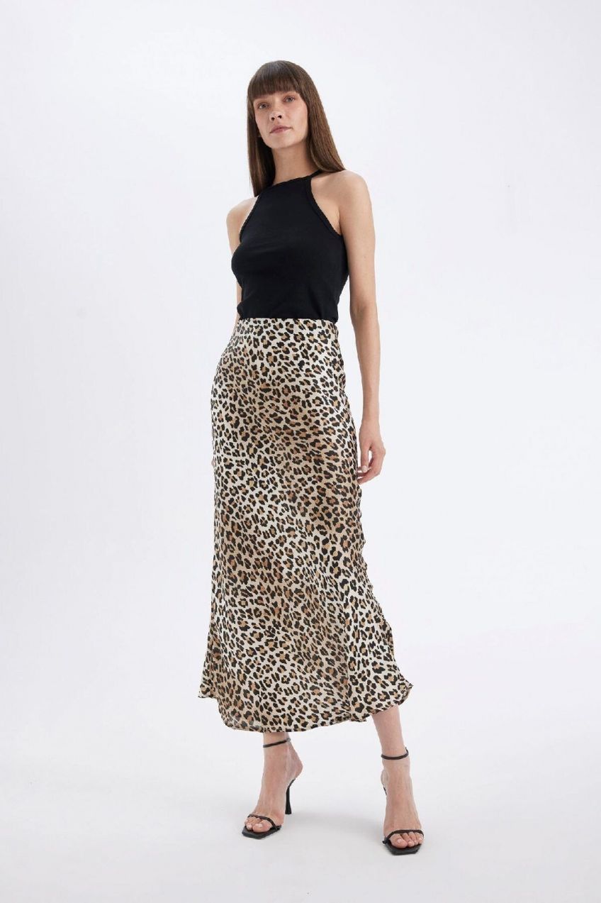 DEFACTO Straight Fit Normal Waist Leopard Print Satin Maxi Skirt