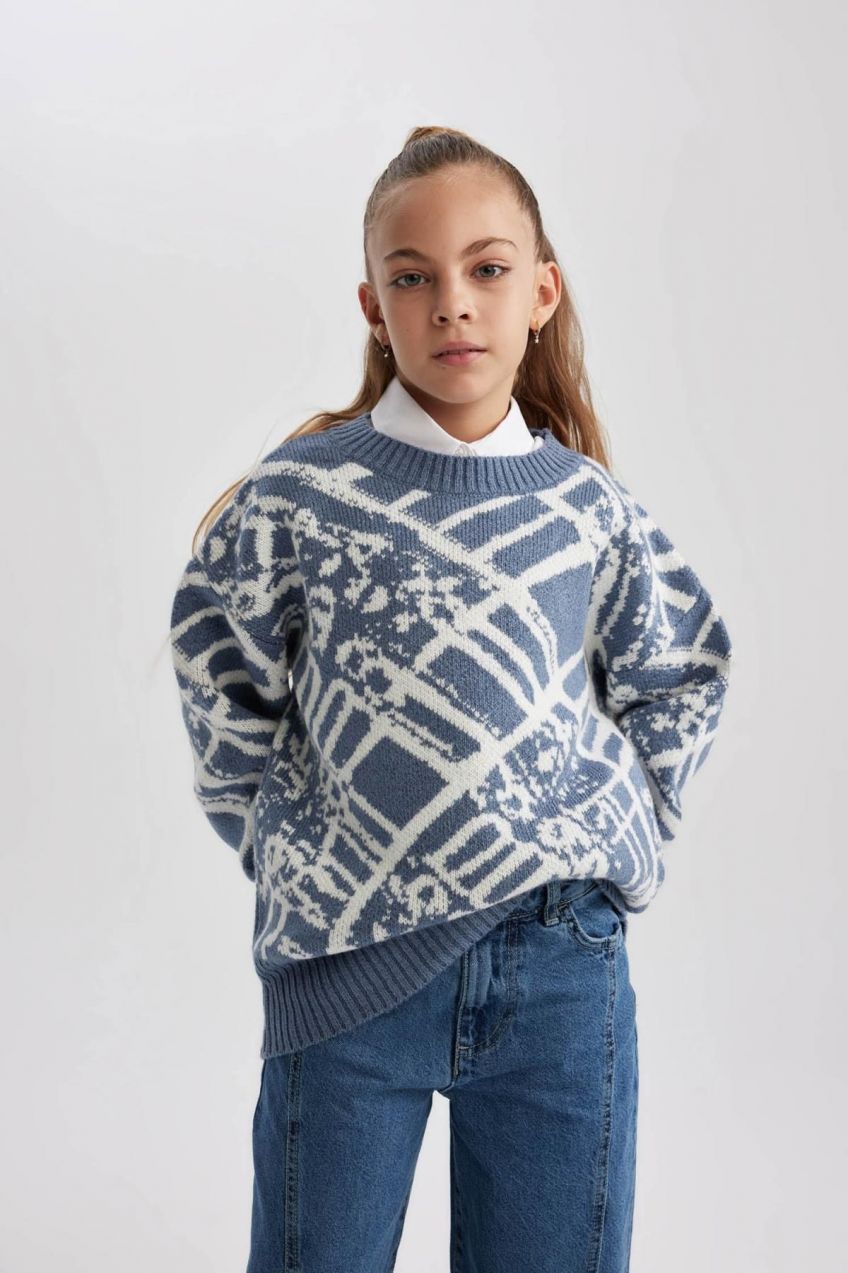 DEFACTO Girl's Crew Neck Patterned Sweater
