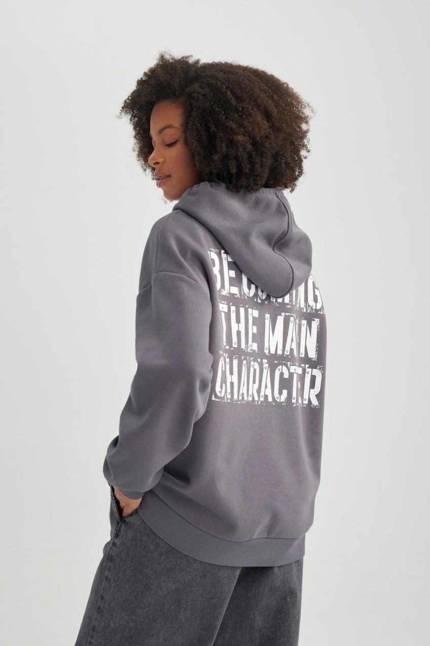 DEFACTO Oversize Fit Back Printed Hooded Thick Sweatshirt