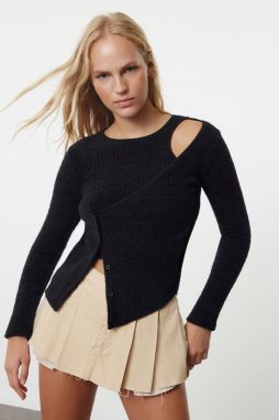 Trendyol Black Furry Side Button Detailed Knitwear Sweater