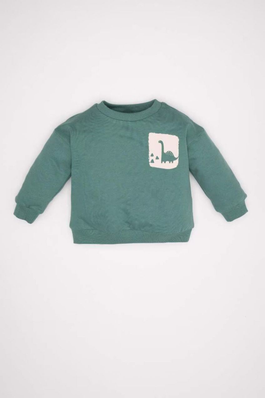 DEFACTO Baby Boy Crew Neck Dinosaur Printed Soft Furry Thin Sweatshirt