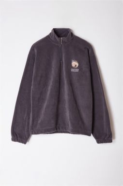 Trendyol Anthracite Oversize/Wide Cut Stand Collar Zippered Embroidered Fleece Sweatshirt