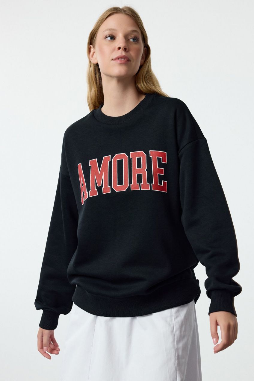 Trendyol Navy Blue Thick Fleece Inside Oversize/Wide Cut Slogan Embroidered Knitted Sweatshirt
