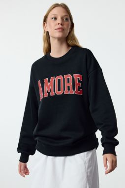 Trendyol Navy Blue Thick Fleece Inside Oversize/Wide Cut Slogan Embroidered Knitted Sweatshirt