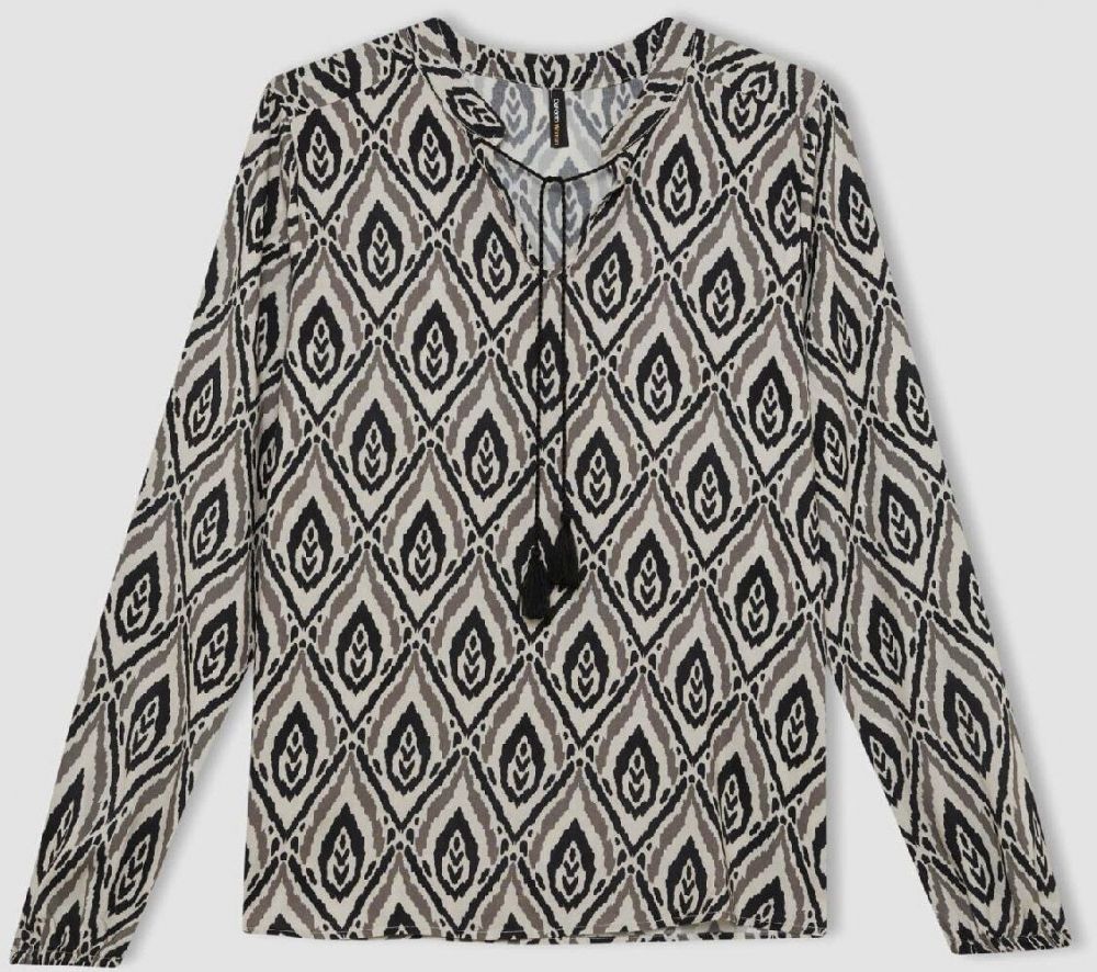 DEFACTO Regular Fit Open Collar Patterned Long Sleeve Blouse