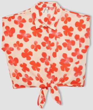 DEFACTO Girl's Crop Patterned Short Sleeve Shirt