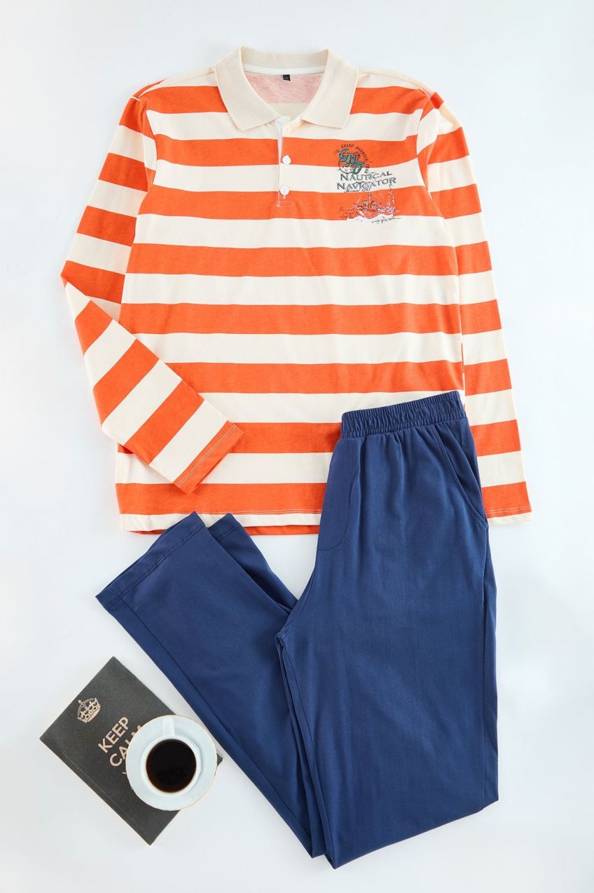 Trendyol Men's Orange-Ecru Striped Polo Neck Regular Fit Knitted Pajama Set