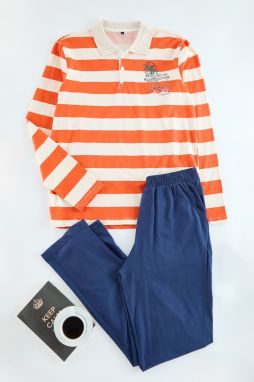 Trendyol Men's Orange-Ecru Striped Polo Neck Regular Fit Knitted Pajama Set