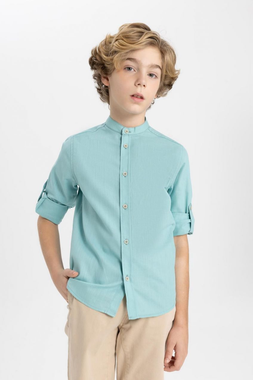DEFACTO Boy's High Neck Linen Look Long Sleeve Shirt