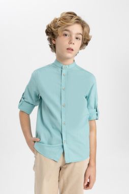 DEFACTO Boy's High Neck Linen Look Long Sleeve Shirt