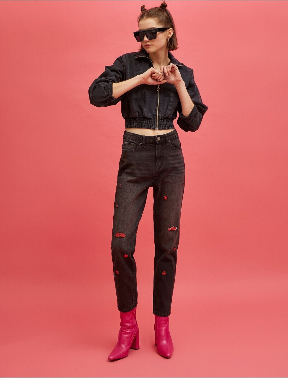 Koton Cotton Embroidered Mom Jean - Normal Waist Slim Fit Skinny Leg Trousers