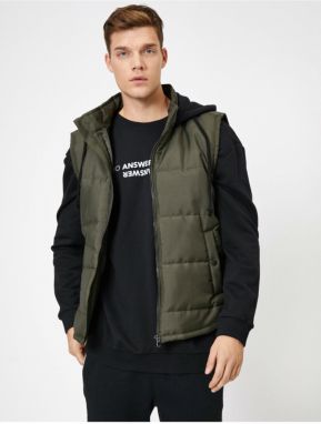 Koton Men's Camel Hair Stand Up Collar Inflatables Vest with Pockets and Zippered Hood.