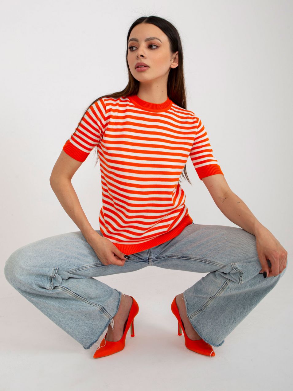 Orange-white striped casual blouse