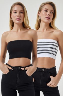 Happiness İstanbul Women's Black and White Strapless Knitted 2-Pack Bustier