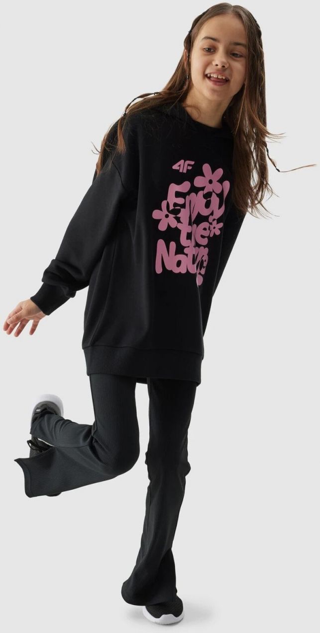 Girls' sweatshirt without fastening and hooded 4F - black