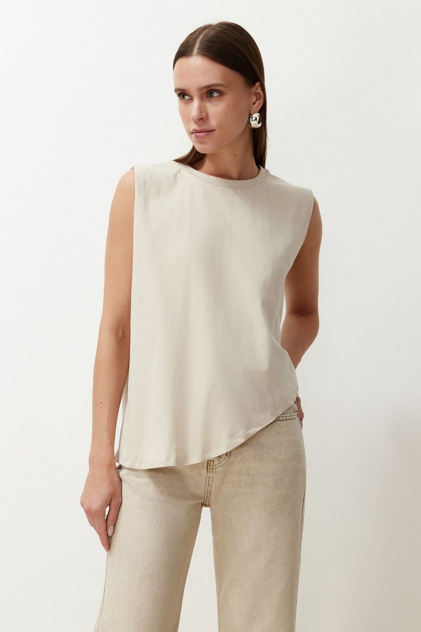 Trendyol Stone More Sustainable 100% Cotton Asymmetrical Crew Neck Knitted T-Shirt