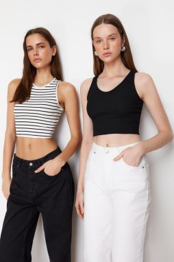 Trendyol Black-Multicolor 2-Pack Fitted/Fitted Crop Corded Flexible Knitted Tank Top