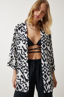 Happiness İstanbul Women's Black and White Patterned Viscose Kimono