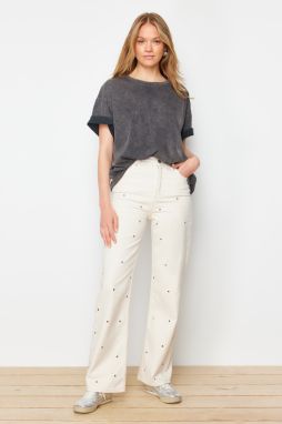 Trendyol White Bird Eye Detailed High Waist Straight Jeans