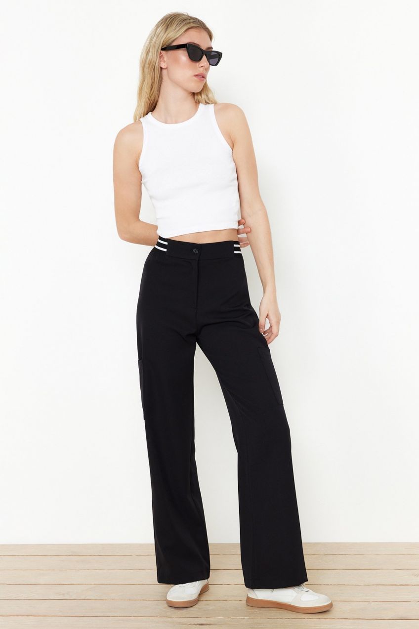 Trendyol Black Straight/Straight Cut Woven Trousers with Elastic Waist