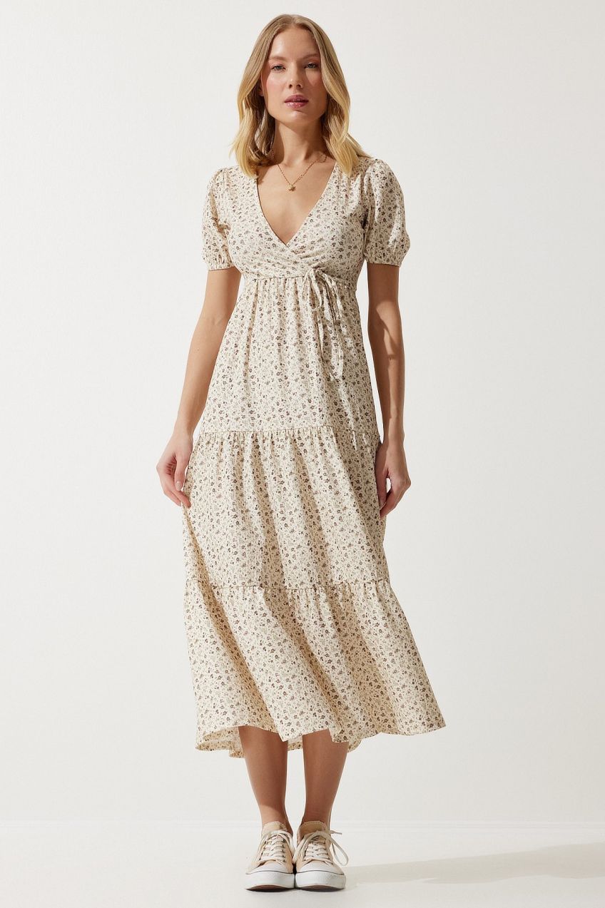 Happiness İstanbul Women's Cream Wraped Collar Patterned Summer Knitted Dress