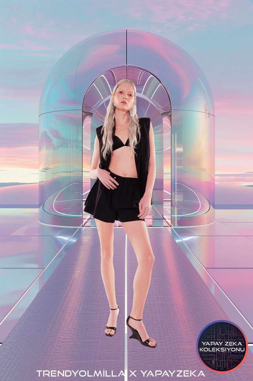 Trendyol X Artificial Intelligence Black Pleated Short Woven Shorts & Bermuda