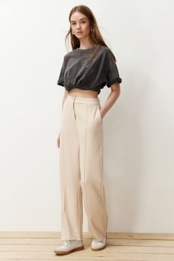 Trendyol Beige Straight Cut Ribbed Woven Trousers