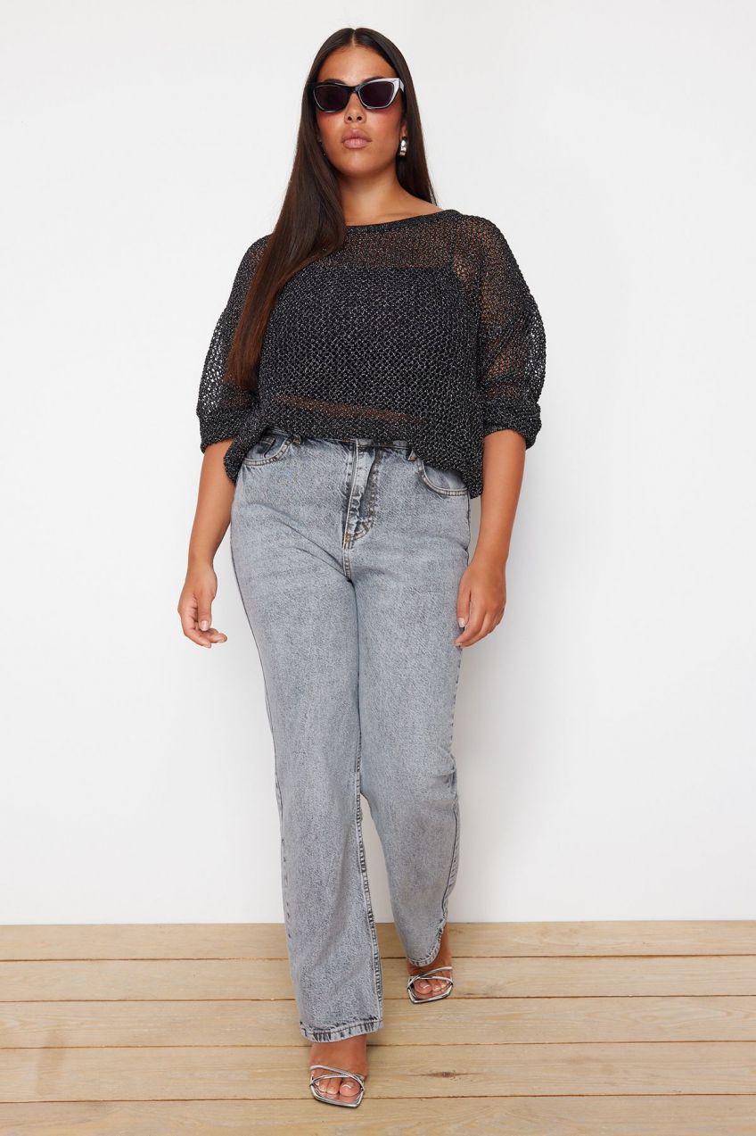 Trendyol Curve Gray High Waist Long Straight Fit Jeans