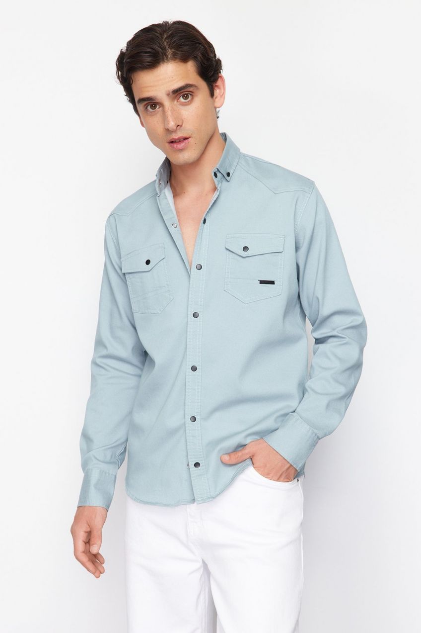 Trendyol Mint Regular Fit Denim Shirt with Snap Fasteners