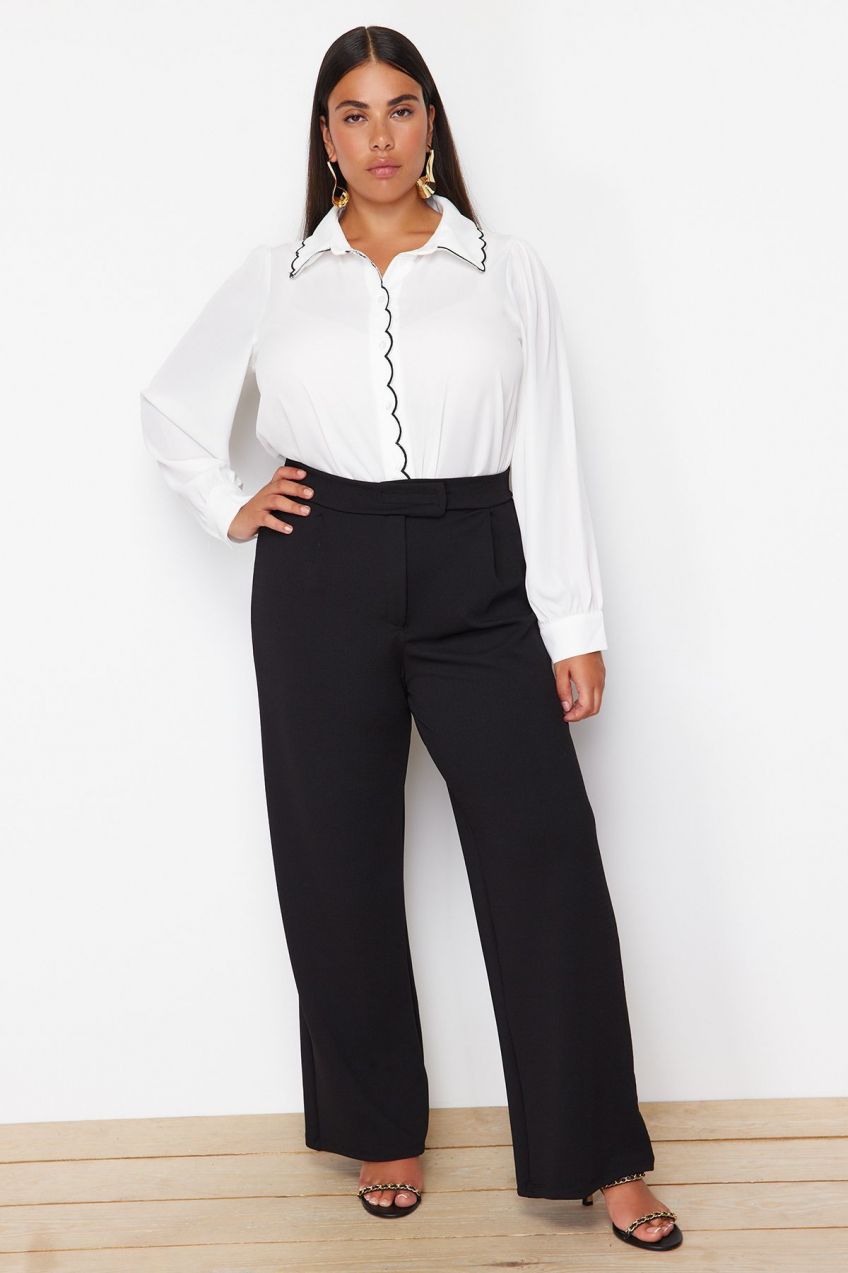 Trendyol Curve Black Pleated Wide Leg Knitted Trousers with Velcro Belt
