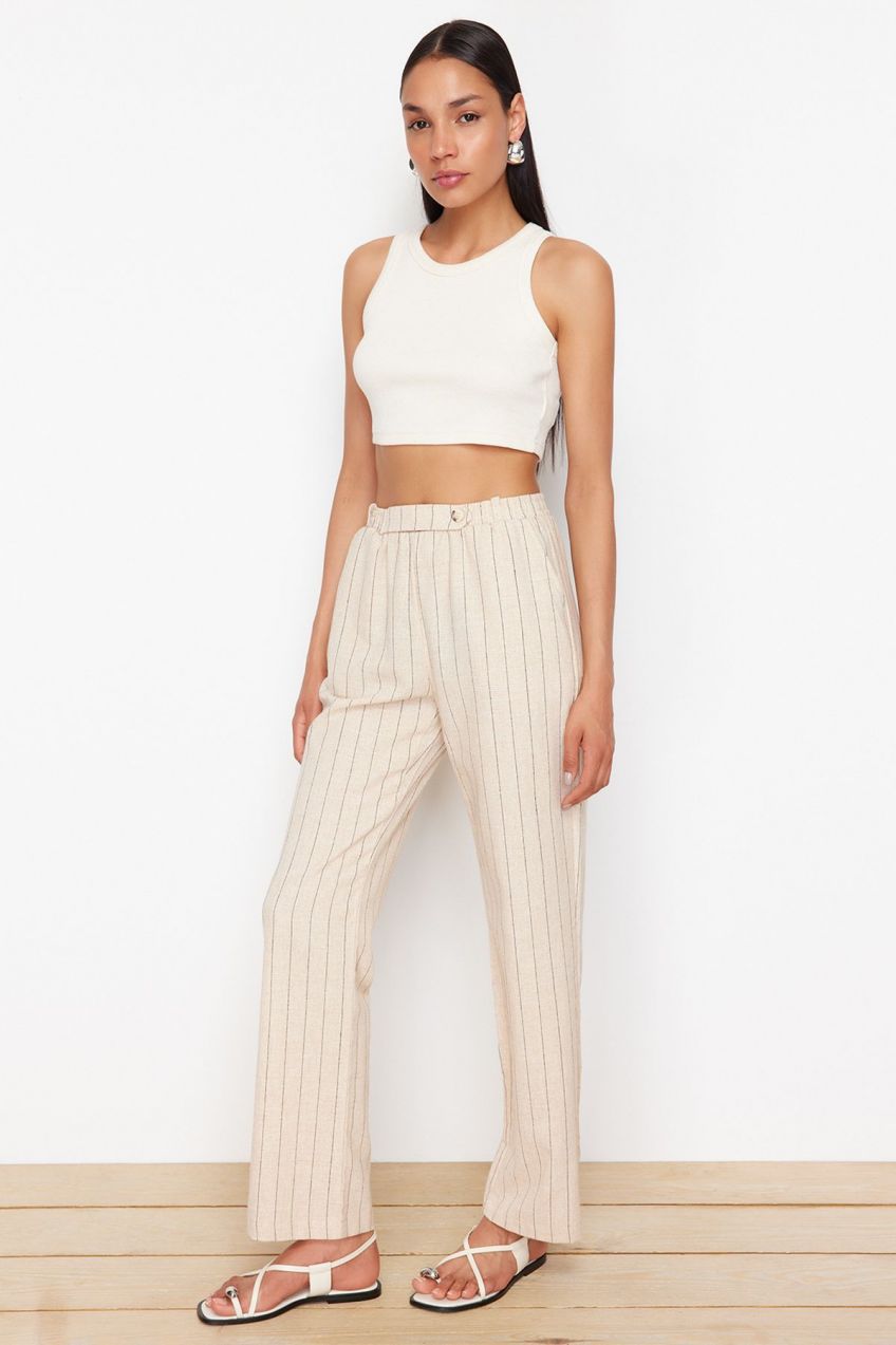 Trendyol Beige Striped Linen Blend Straight Cut Woven Trousers