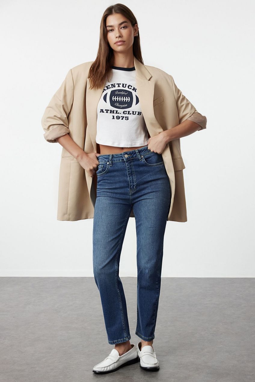 Trendyol Dark Blue High Waist Comfort Straight Jeans