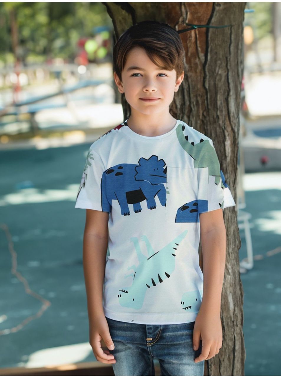 Trendyol White Boy Dinosaur Patterned Short Sleeve Knitted T-Shirt