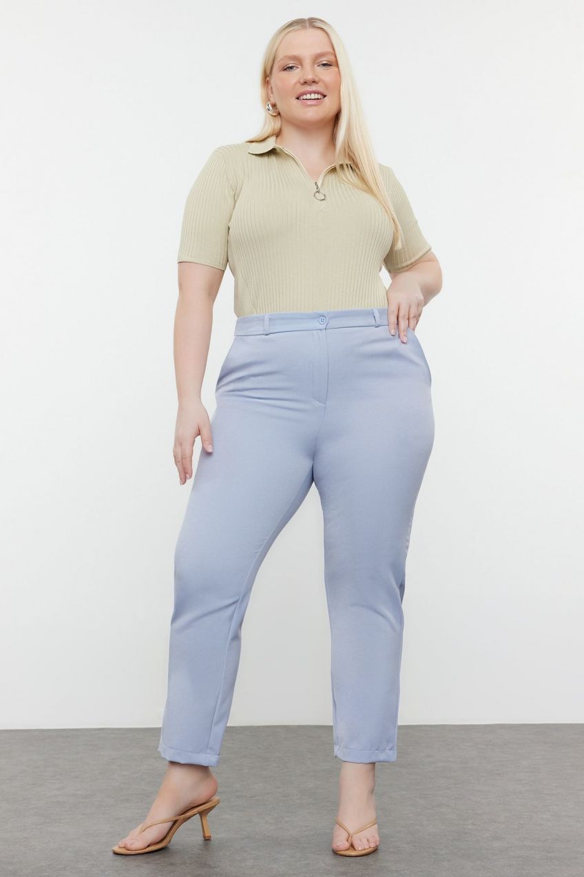 Trendyol Curve Gray Basic Cigarette Woven Slim Leg Plus Size Fabric Trousers