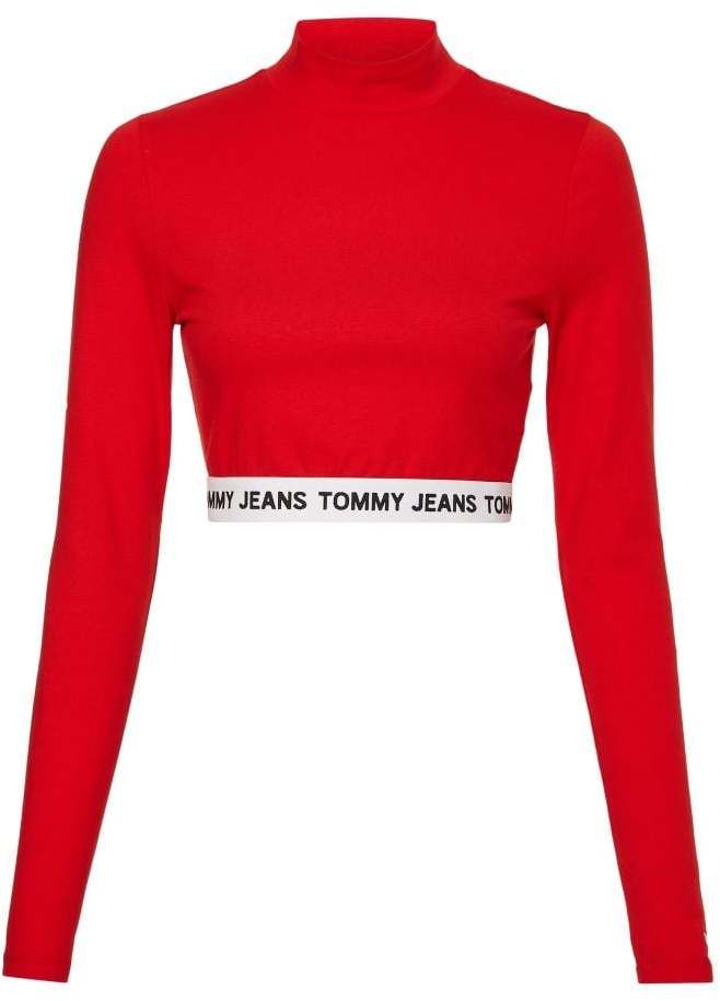 Tommy Jeans Top - TJW CROP LOGO WAISTBAND LS červený
