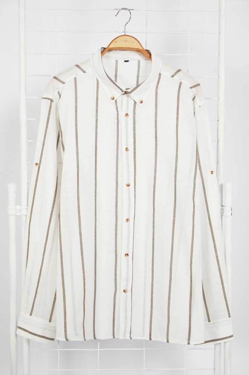 Trendyol Khaki Regular Fti Button Collar Slim Striped Plus Size Shirt