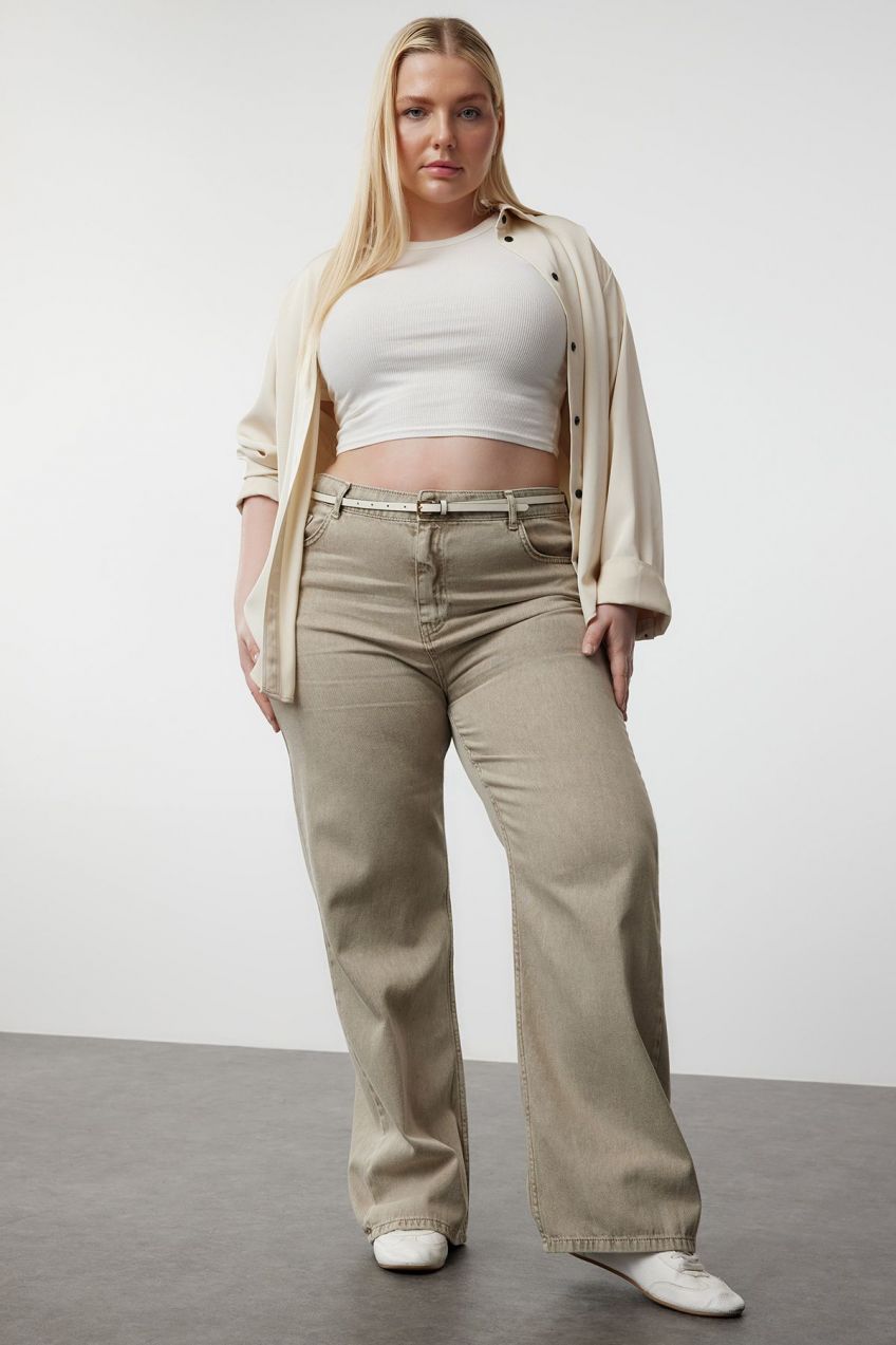 Trendyol Curve Beige High Waist Wide Leg Plus Size Jeans