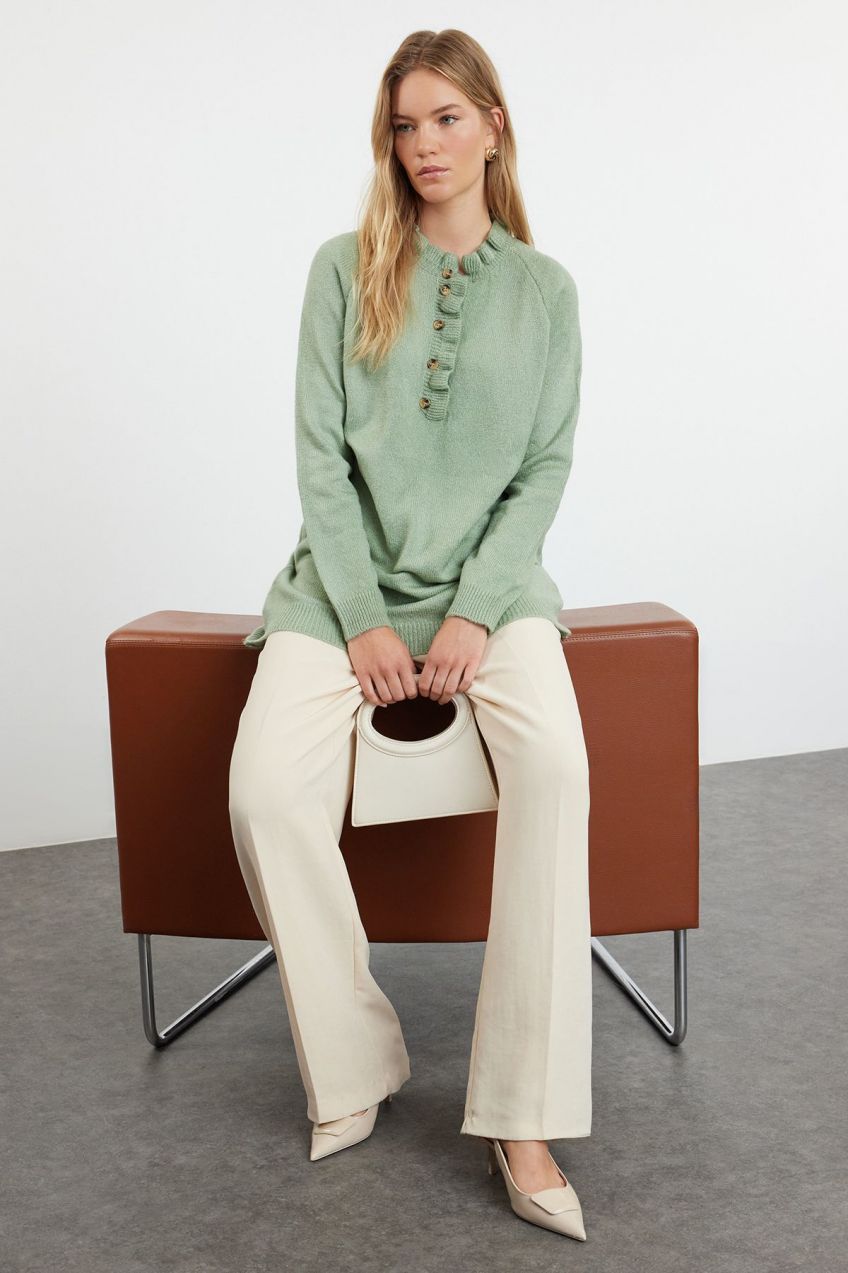 Trendyol Mint Collar Frilly Buttoned Knitwear Sweater
