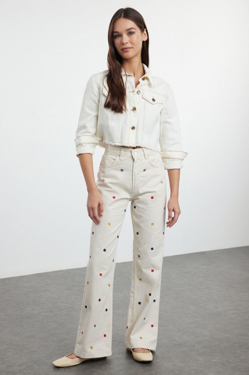 Trendyol Ecru Embroidered High Waist Wide Leg Trousers