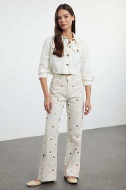 Trendyol Ecru Embroidered High Waist Wide Leg Trousers