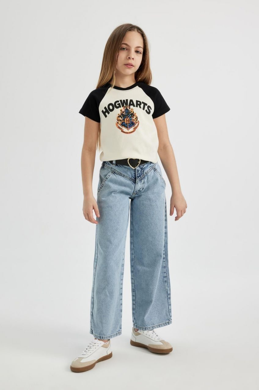 DEFACTO Girl's Wide Leg Belted Wide Leg Jean Trousers