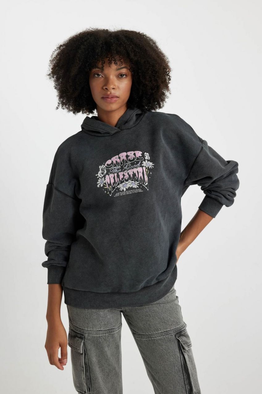 DEFACTO Oversize Fit Back Printed Hooded Thick Washed Pale Effect Sweatshirt