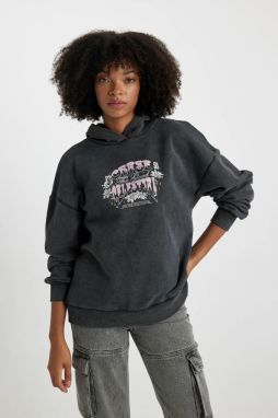 DEFACTO Oversize Fit Back Printed Hooded Thick Washed Pale Effect Sweatshirt