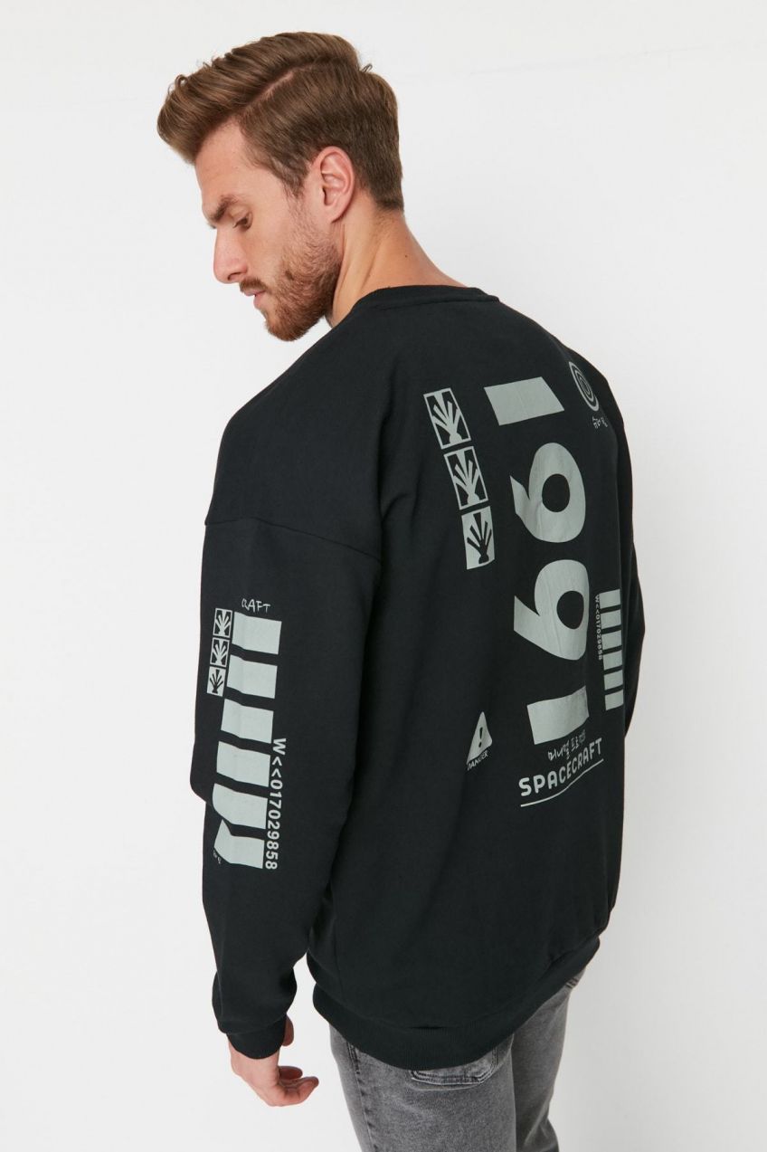 Trendyol Black Oversize/Wide Cut Text Back Printed Sweatshirt