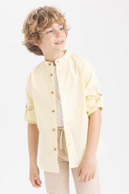 DEFACTO Boy's High Neck Linen Look Long Sleeve Shirt