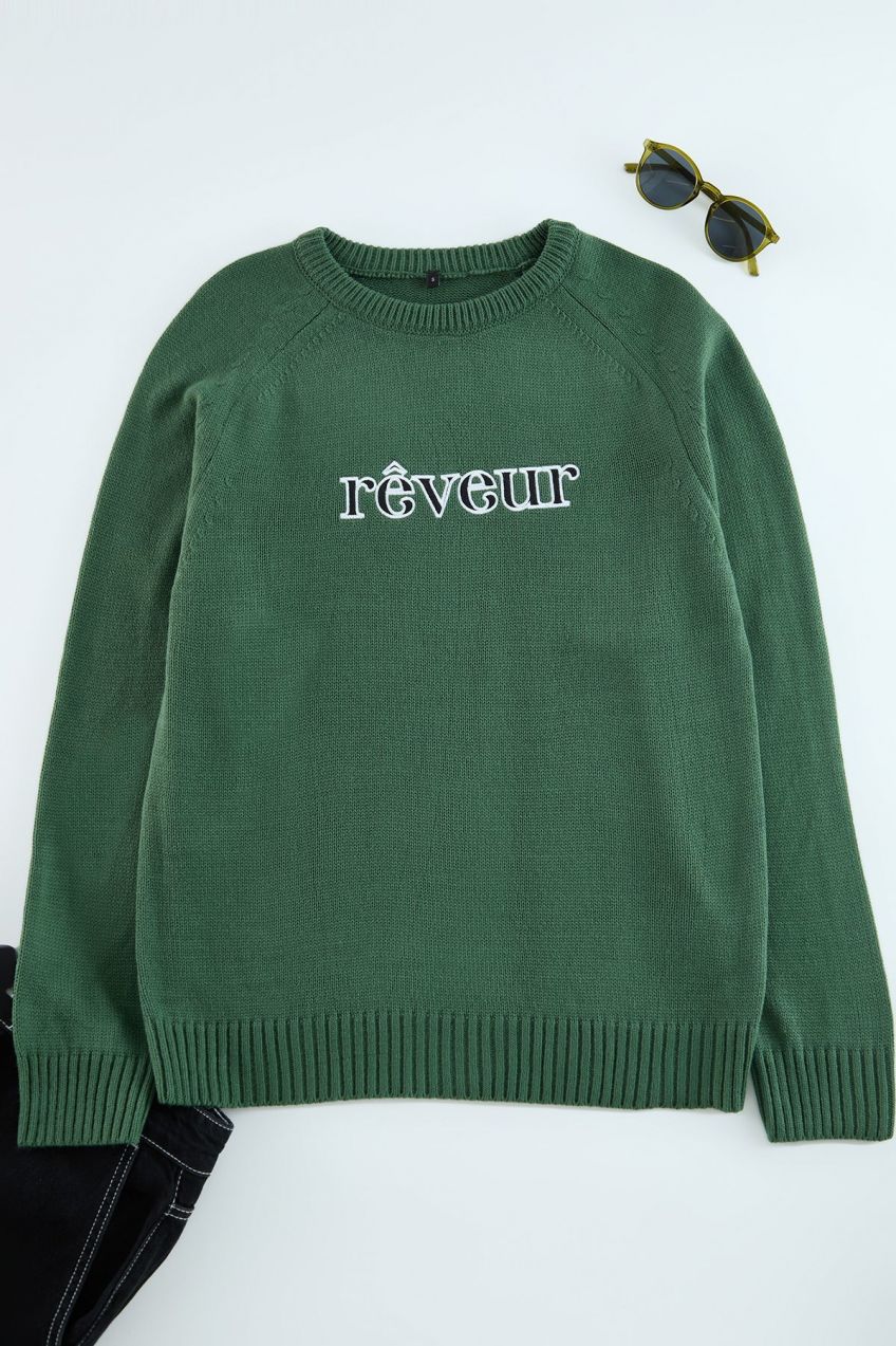 Trendyol Green Regular Crew Neck Slogan Knitwear Sweater